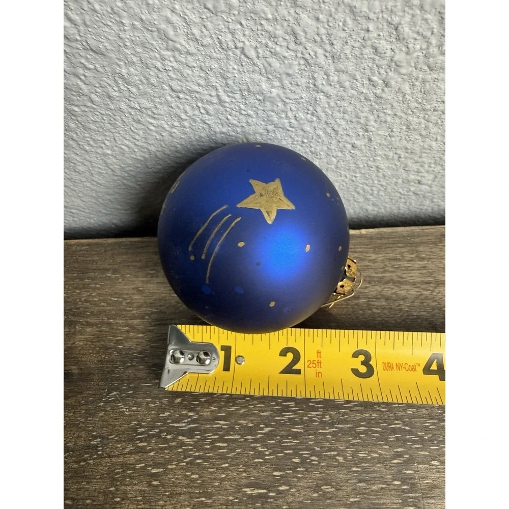 Signed Celestial Moon Stars Hand Painted Blue Glass Ornament Vintage 1993 Studio
